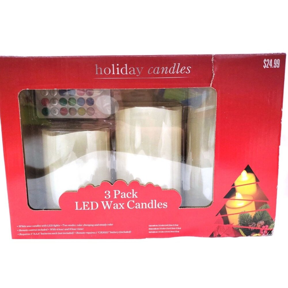 Rite Aid 3 LED Wax FLAMELESS PILLAR CANDLES w/ remote timer white color changing